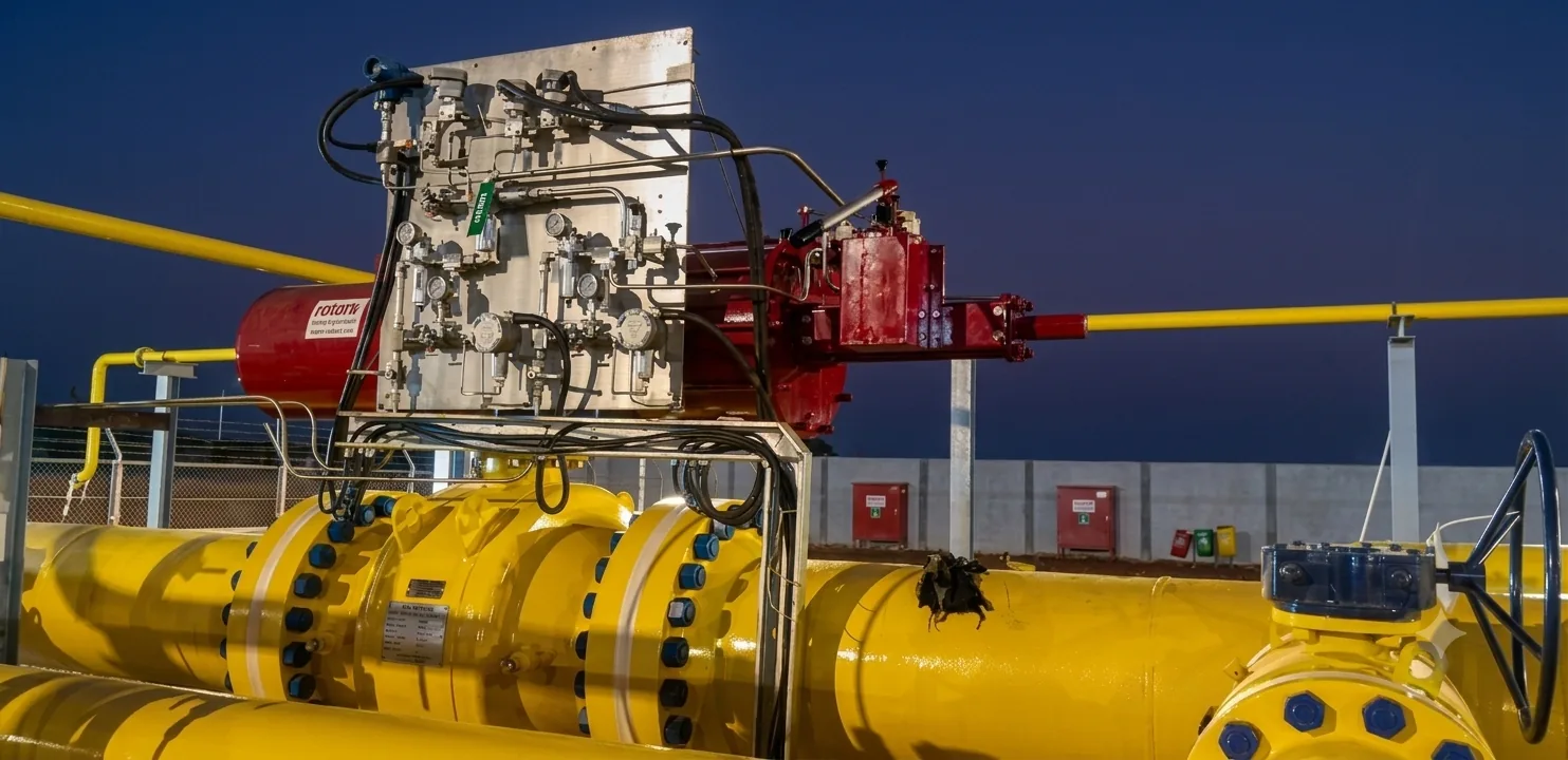 Actuator and hydraulic control panel on a yellow gas pipeline valve at dusk