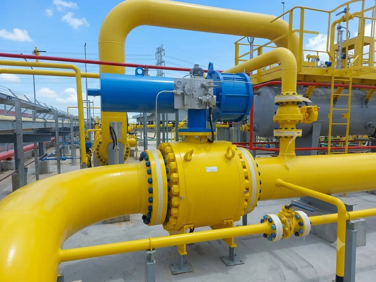 Actuated valves on a yellow gas pipeline at a TMK metering station